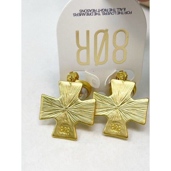 New 8 Other Reasons Gold Tone Faux Pearl Rhinestone Maltese Cross Earrings - Picture 3 of 4